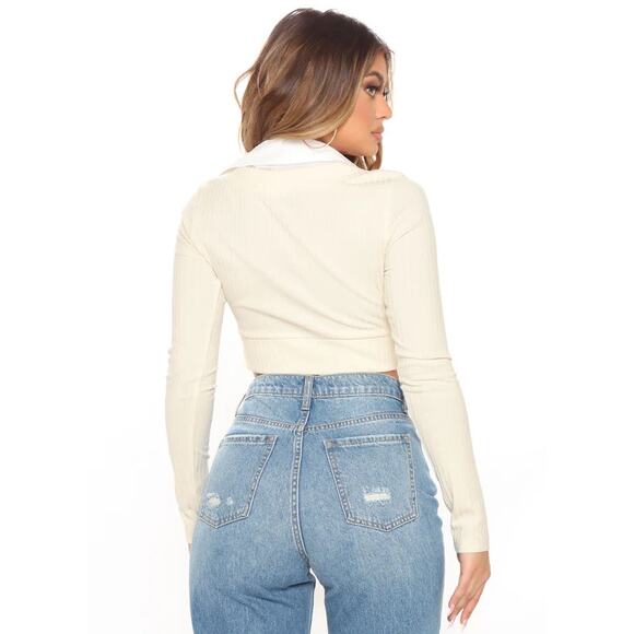 NWT Fashion Nova XS Crop Top Ribbed Sweater‎ Cream Combo Shirt Check Your Facts - Picture 2 of 9